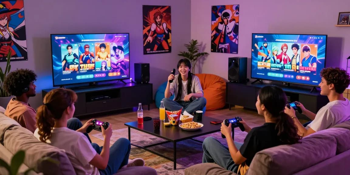 Engaged gamers enjoying free hentai games in a cozy living room setting.