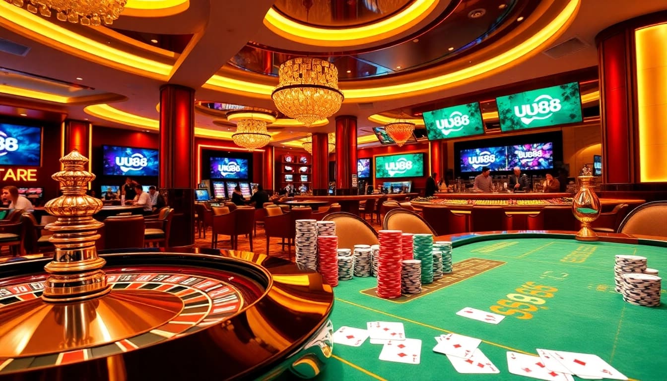 Experience the thrill of winning at uu88 company with poker chips and a roulette wheel.