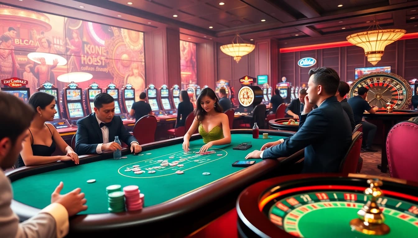 Cena empolgante de cassino na BL555, com jogadores em uma mesa de dealer ao vivo e fichas coloridas.