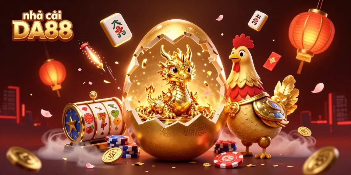 Experience the unique gaming adventure at nhà cái DA88 featuring a whimsical golden dragon and poker chips.
