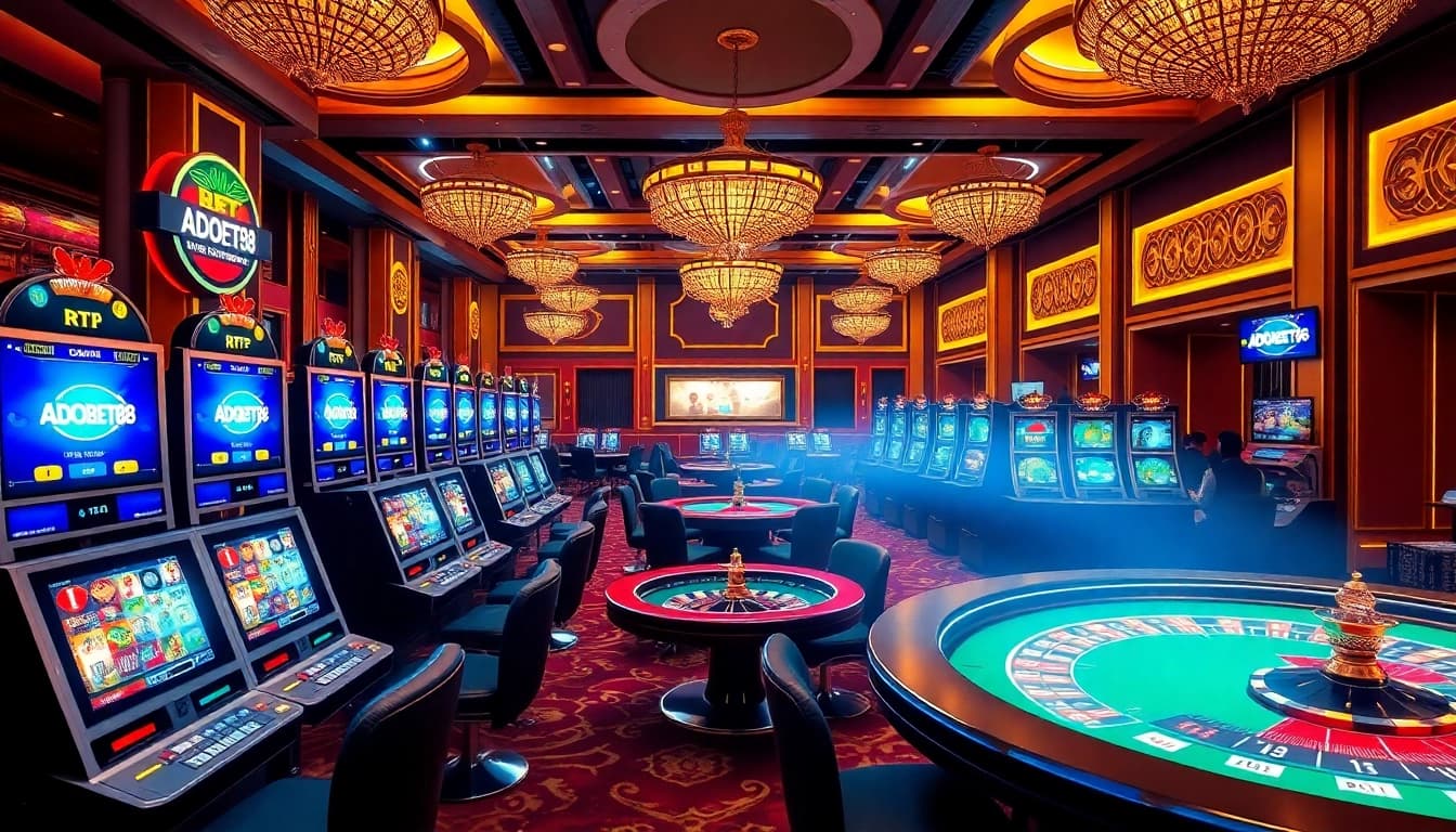 Play ADOBET88 slots with vibrant designs and high RTP, enjoying a luxurious casino atmosphere.