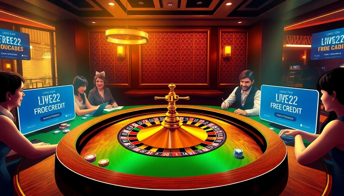Players engaging in thrilling casino action with free credit live22 promotions on vibrant roulette tables.