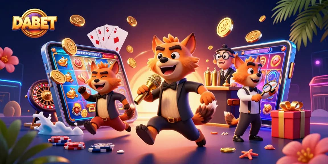DABET delights players with a vibrant, engaging casino experience featuring hyenas, slot games, and sparkling details.
