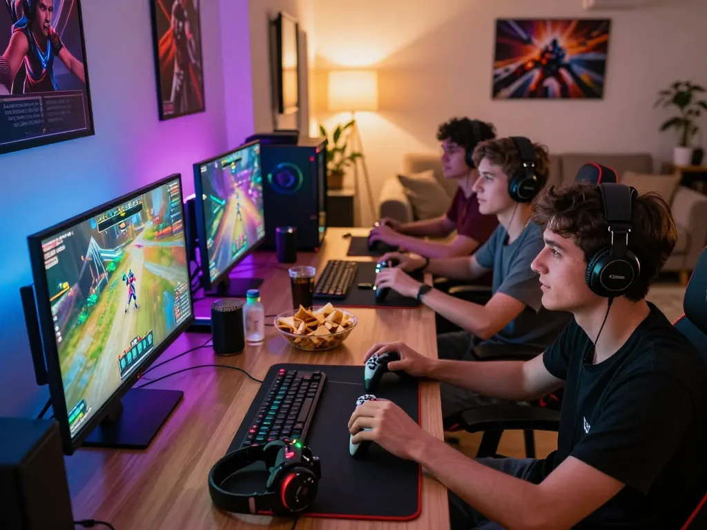 Exciting online gaming setup at https://go999.de.com with friends playing, colorful graphics, and vibrant atmosphere.