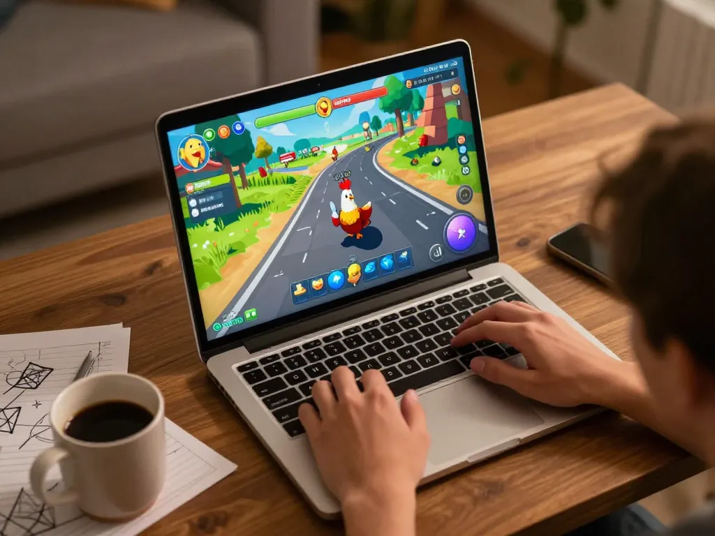 Giocatore coinvolto a casa che si diverte con chicken road recensioni mentre gioca su un laptop con appunti strategici.
