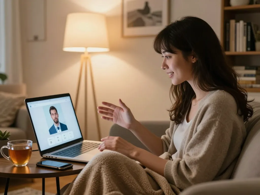 Young woman enjoying a cozy conversation using a sex ai chat application in a warm living room setting.