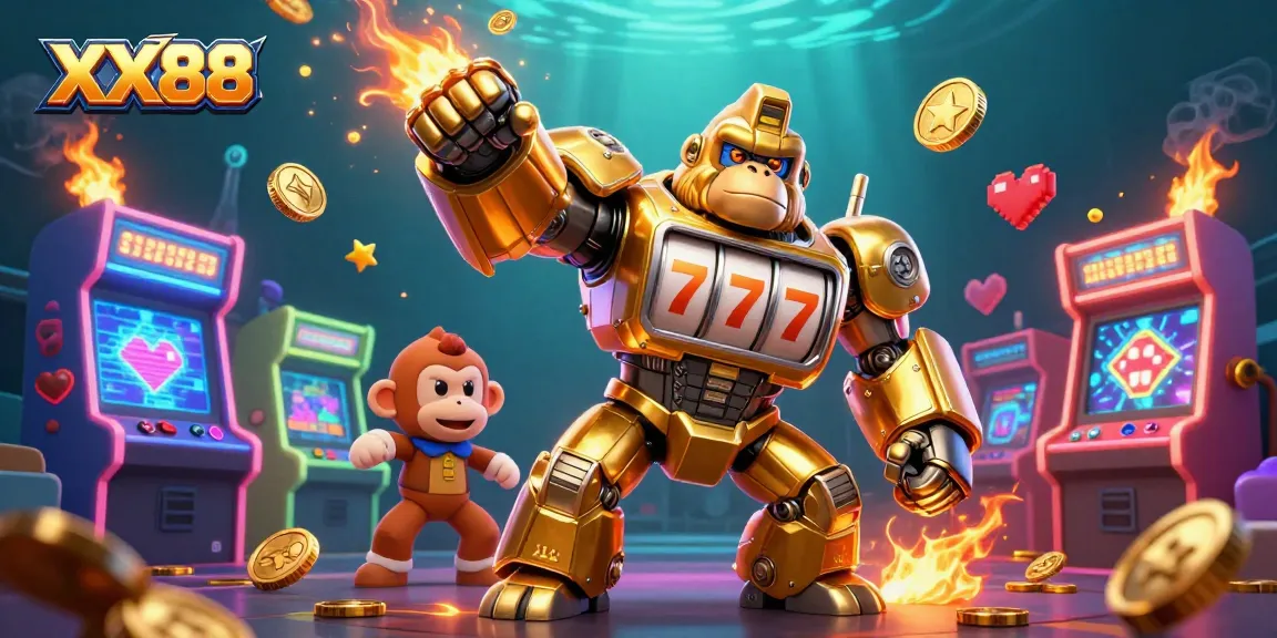 Experience the thrilling world of XX88 casino with a dynamic 3D gorilla mech and vibrant gaming elements.