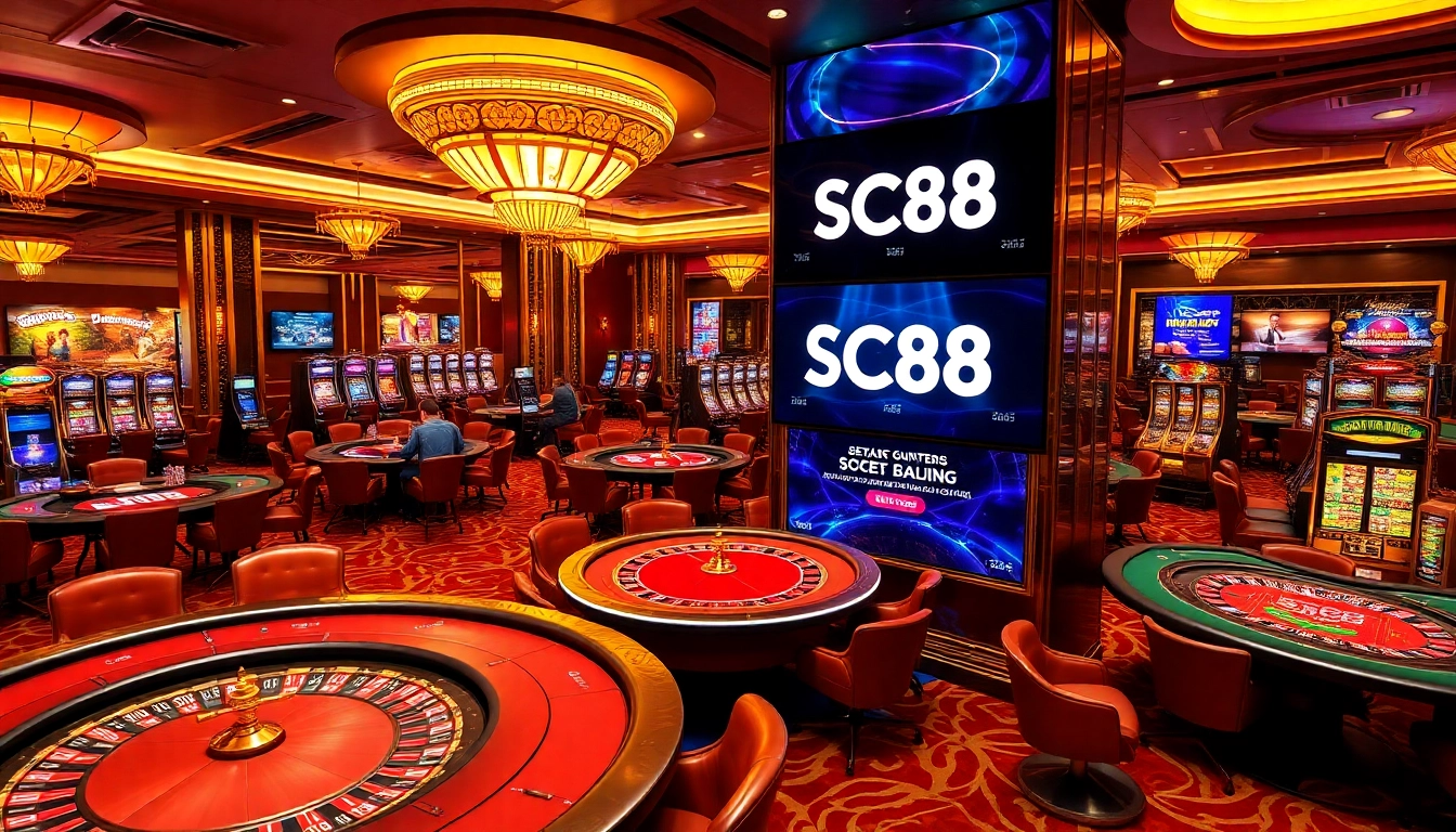Experience the vibrant SC88 casino environment with players engaged at poker tables and roulette wheels.