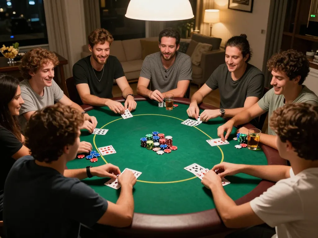 Players engage in a thrilling poker game at home, showcasing Jun88's social gambling experience.