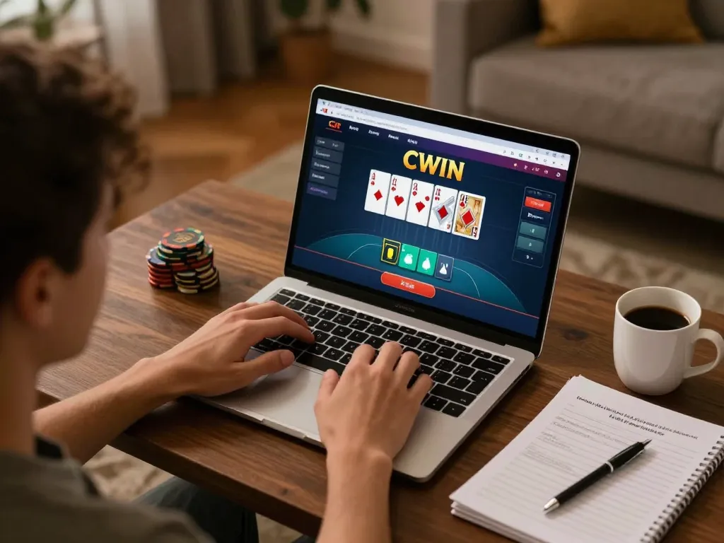 CWIN player strategizing during online poker session at home.