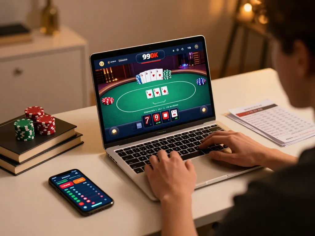 A player engages with the 99OK casino app on a laptop, showcasing a poker game interface.