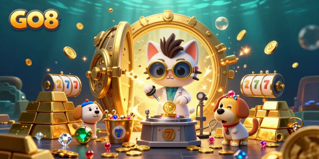 Spin to win at GO8 with dazzling treasures and engaging characters in this vibrant casino scene.