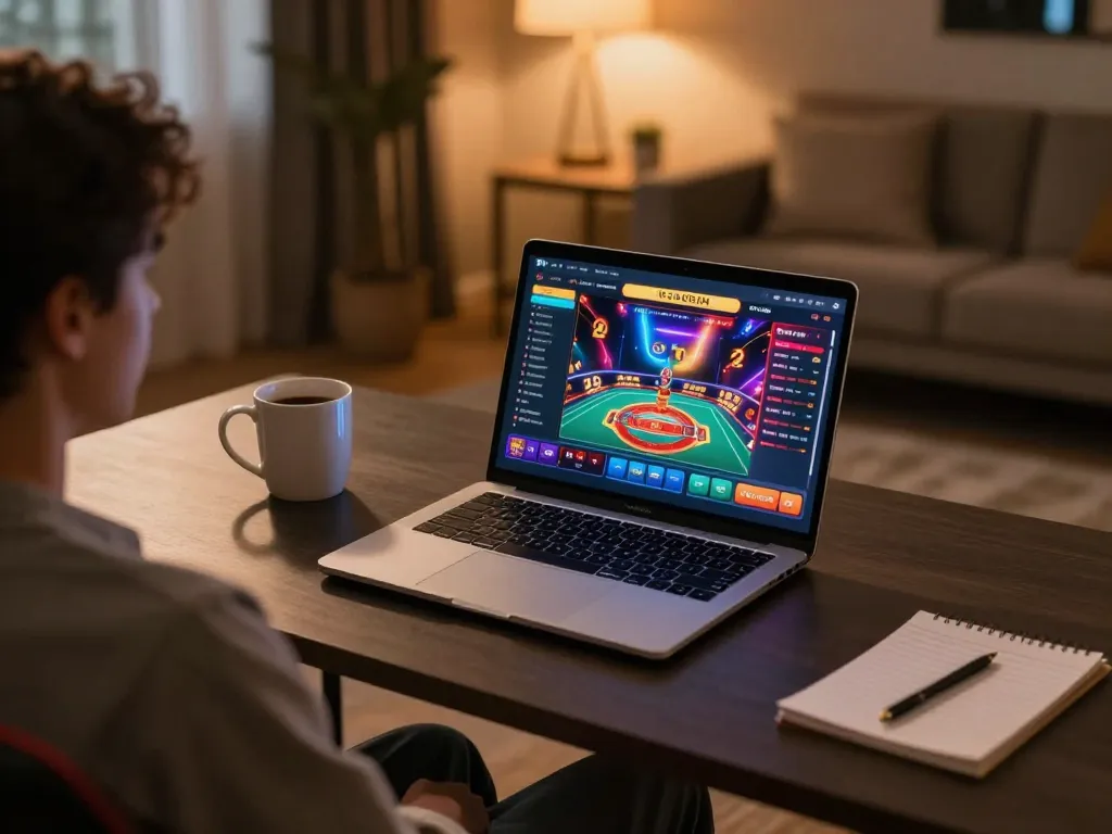 Người chơi hứng thú sử dụng ứng dụng casino trực tuyến Hit Club trên laptop trong không gian ấm cúng tại nhà.