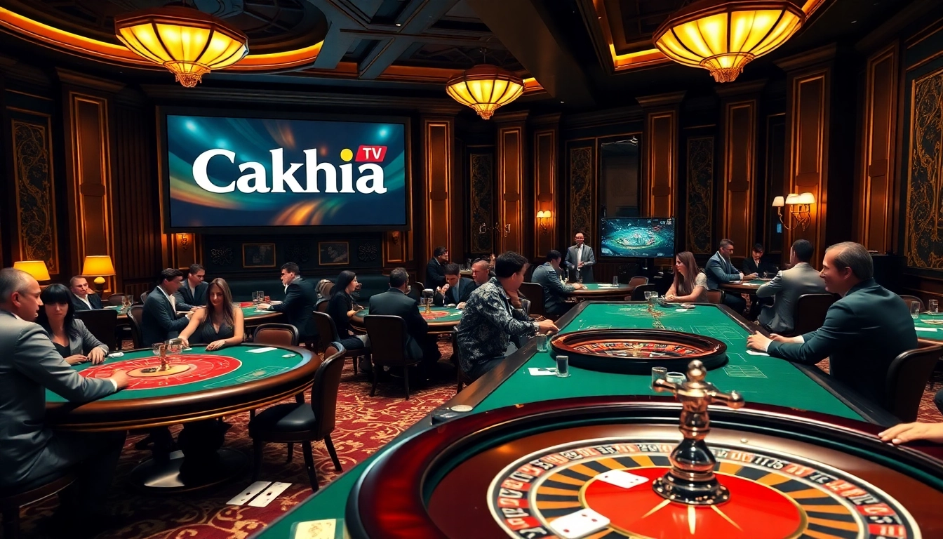 Cakhia TV displays an engaging gambling scene featuring poker chips, roulette, and eager players.