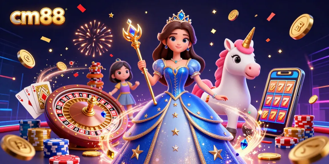Experience thrilling gaming at cm88 with a vibrant 3D casino scene showcasing a royal blue gown and magical unicorn.