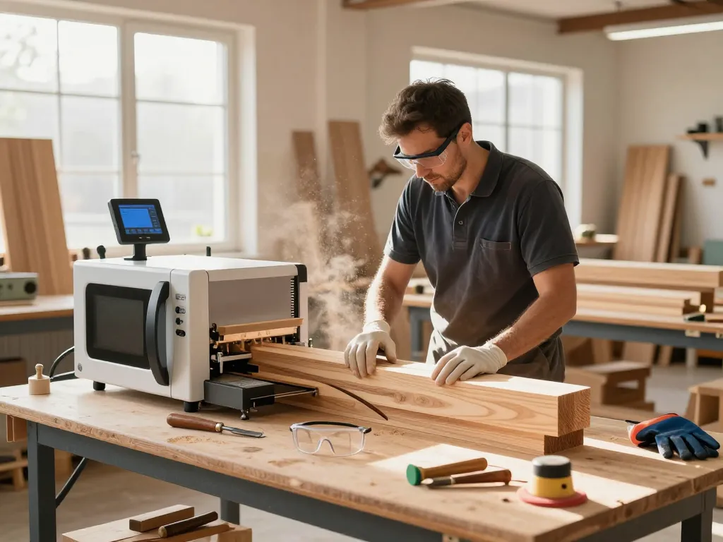 Macchina per il trattamento a microonde in un laboratorio di legno per un efficace controllo dei parassiti antitarlo, che mostra un tecnico esperto al lavoro.
