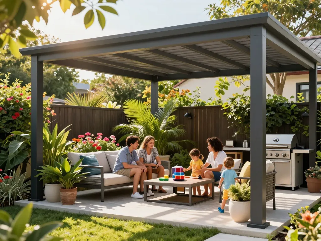 Una famiglia che utilizza un configuratore pergole online per progettare il proprio spazio esterno perfetto con una pergola bioclimatica.