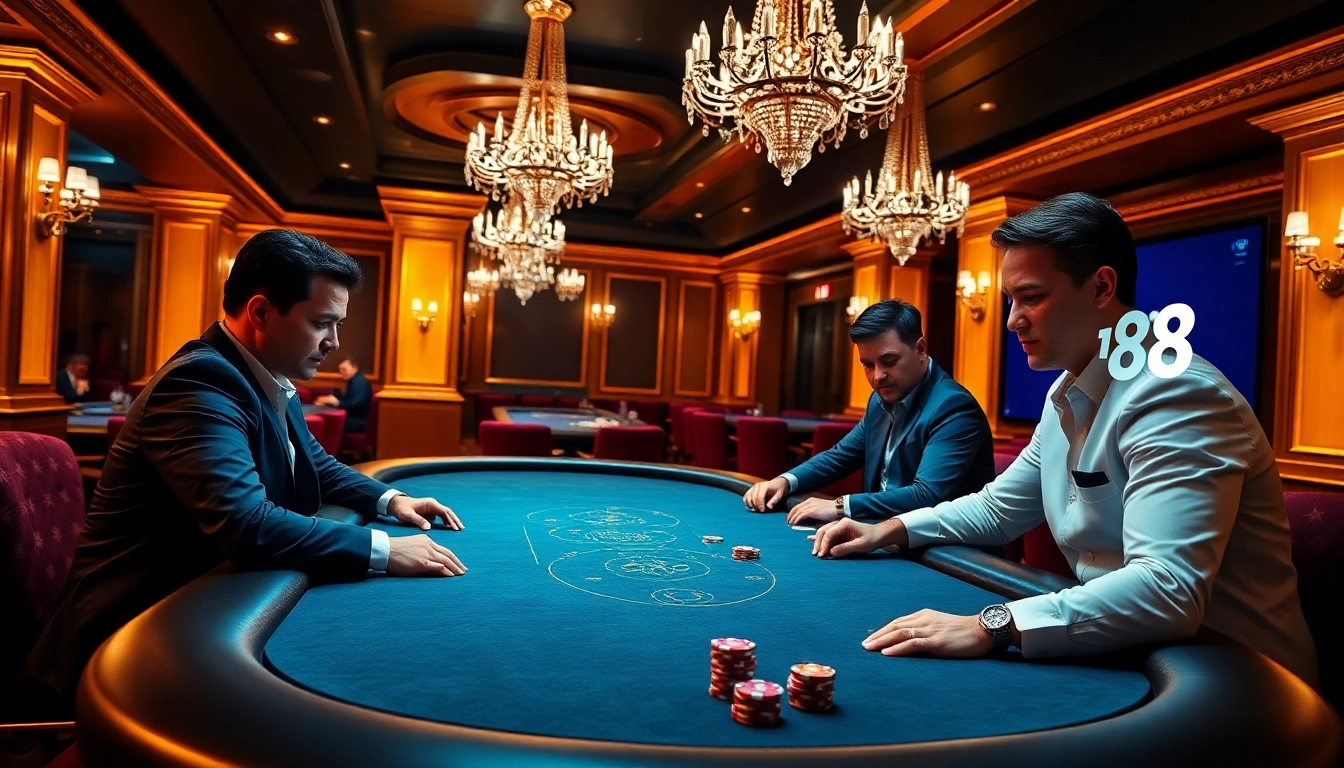 Players engage intensely at a luxurious f168 poker table in a vibrant casino setting.