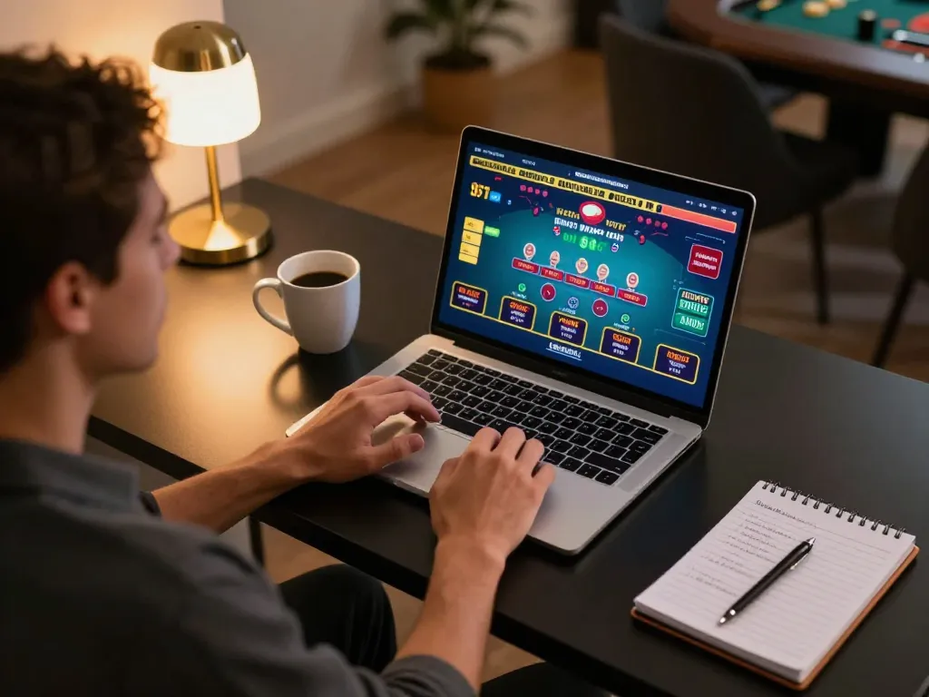 SX88 player engaging in online blackjack strategy with laptop and notes.