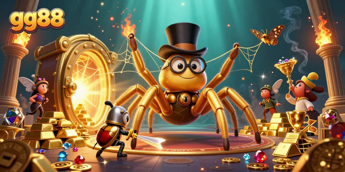 Join the adventure with GG88's vibrant scene of a golden tarantula and beetle knight in a thrilling casino setting.