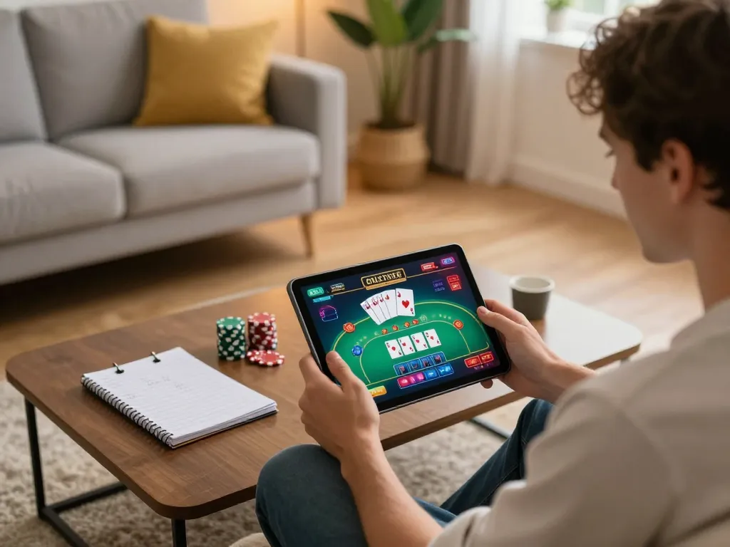 F8BET player engaging with an online poker game on tablet, showcasing a cozy home gaming atmosphere.