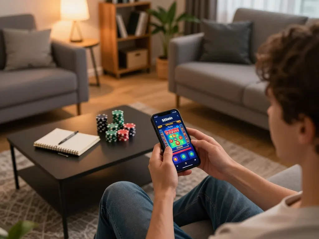 Engaging with the 555win mobile app for an online casino game experience at home.