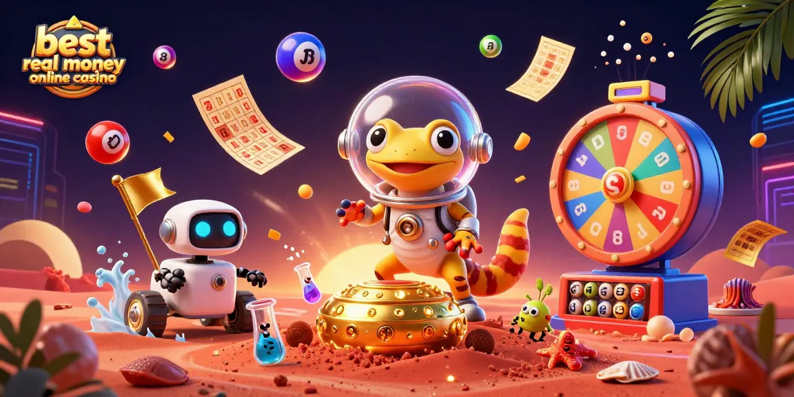 A dynamic scene featuring the best real money online casino with a Martian gecko, colorful lottery balls, and casino elements.