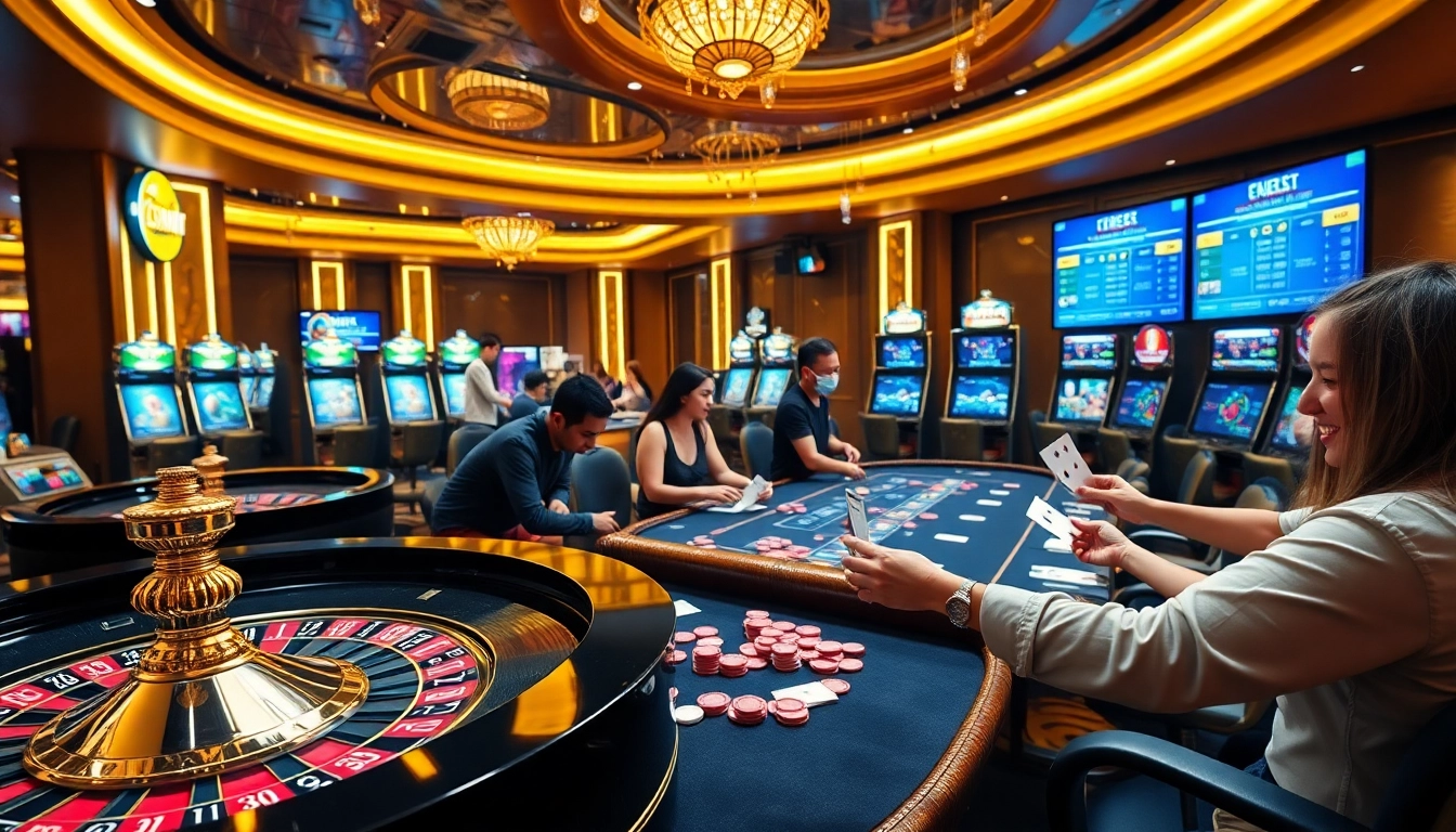 A vibrant casino scene showcasing gambling activities and the excitement associated with https://thabet.cx/.