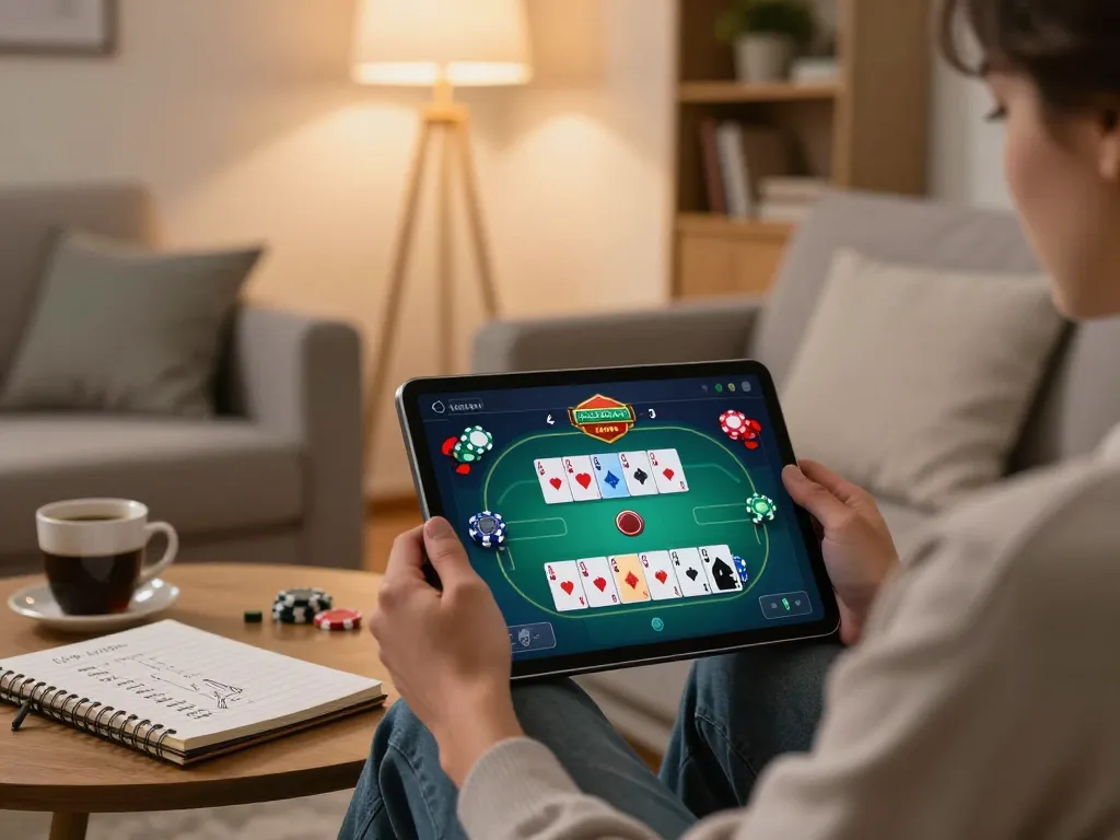 Playing poker on the lc88 app at home, featuring engaging gameplay and personal strategy notes.