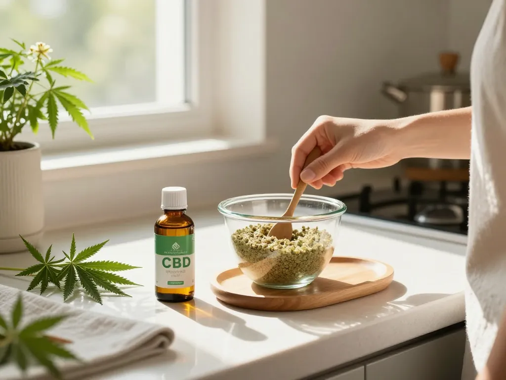 Scena di benessere naturale con Vaporizzatori THC e olio di CBD in una cucina luminosa, promuovendo la salute biologica.