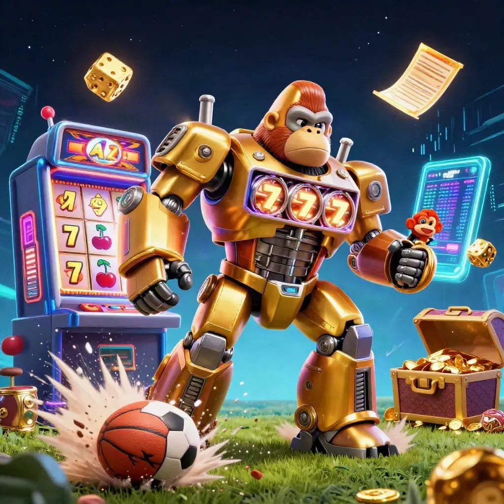 Gorilla mech dorato tra slot, dadi, pallone e basket in esplosione neon su cielo viola.