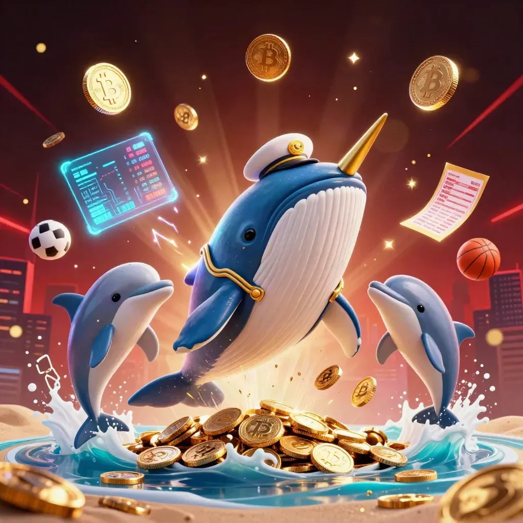 Balena capitano, narvalo e delfini tra monete crypto e luci neon su sfondo rosso scuro.