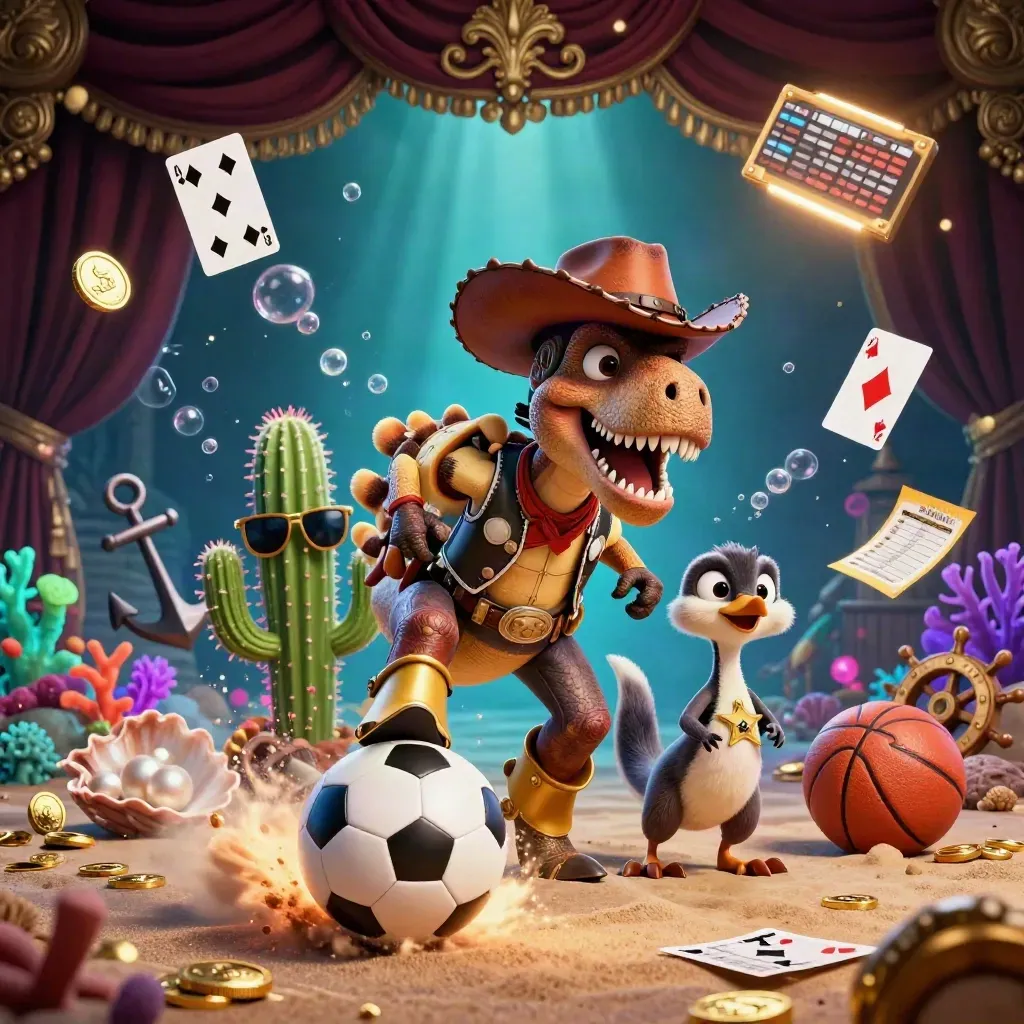 T-Rex cowboy, cactus e roadrunner tra pallone, monete d’oro e luce subacquea.