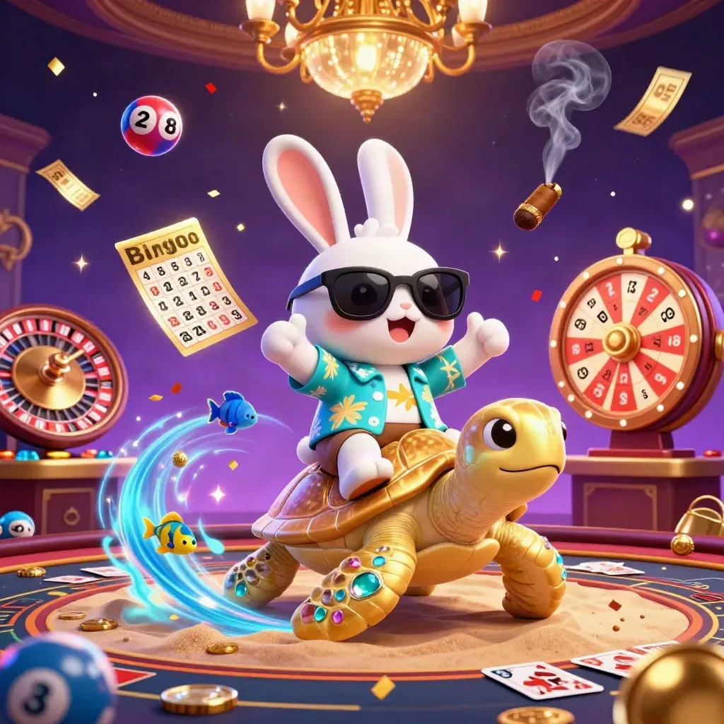 Coniglio cartoon su tartaruga d’oro tra carte, fiches e luci neon in un casinò tropicale.