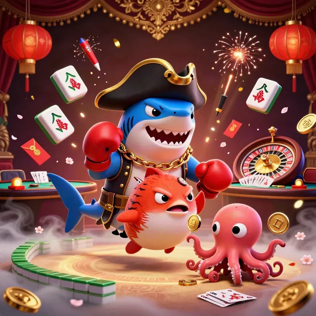 squalo pirata, pesce palla e polpo in un casinò tropicale dorato
