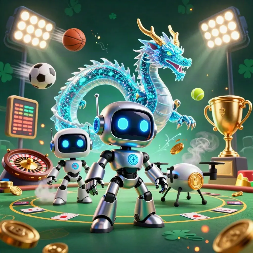 Robot cyberpunk, drago olografico e trofeo d’oro in un casino neon verde-oro