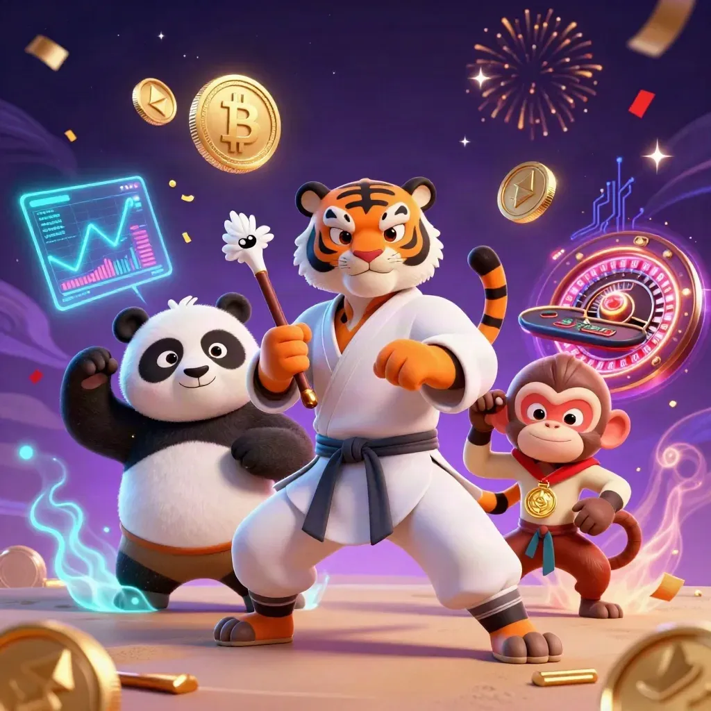 Tigre kung-fu, panda e scimmia tra monete crypto e luci neon da casino.