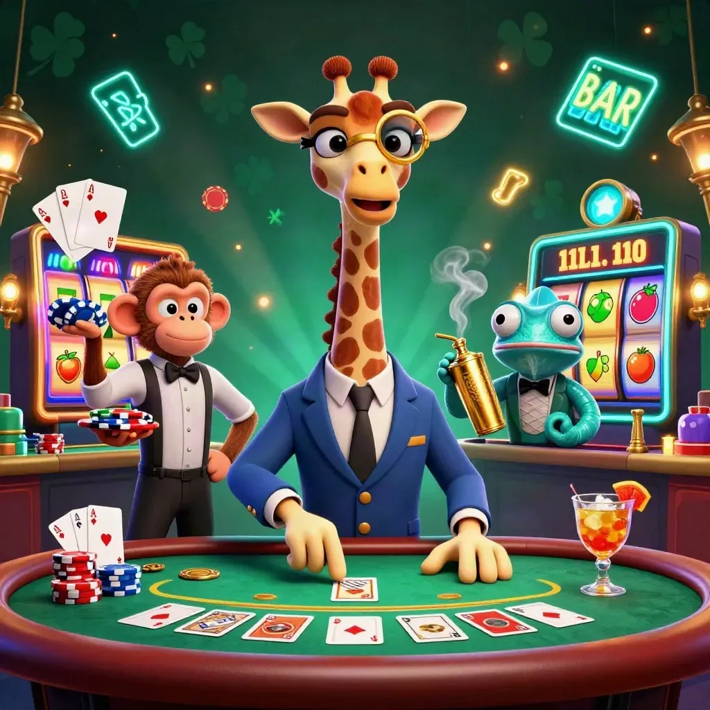 Giraffa, scimmia e camaleonte in un tavolo poker VIP tra chip, fuochi e neon turchese.