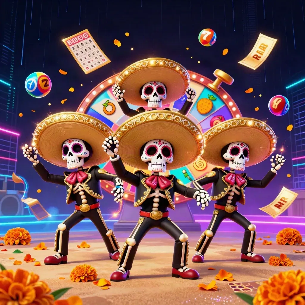 Tre scheletri mariachi con sombreri d’oro tra luci neon, bingo, lotteria e sfondo tropicale scuro.
