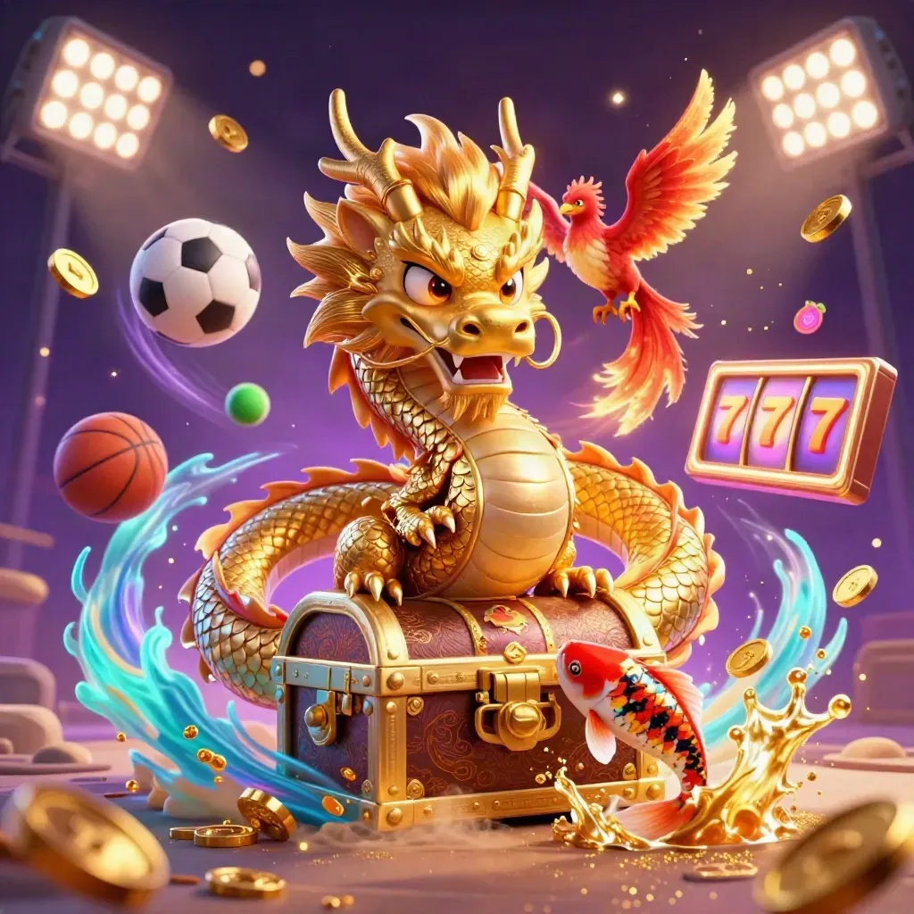 Drago d’oro con fenice e koi tra palle sportive, tesoro e luci neon.