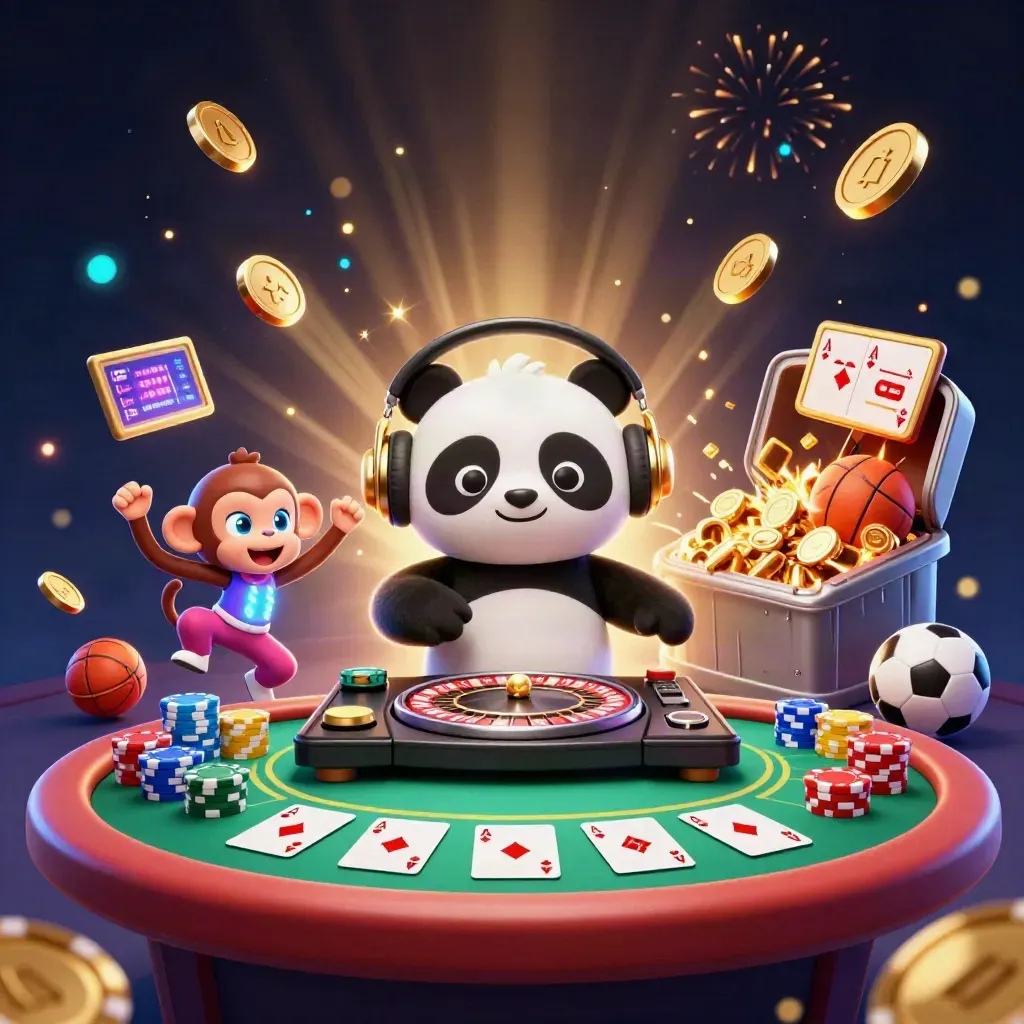 Panda DJ, scimmia e gattino rave tra oro, carte, fiches e luci neon da casino.