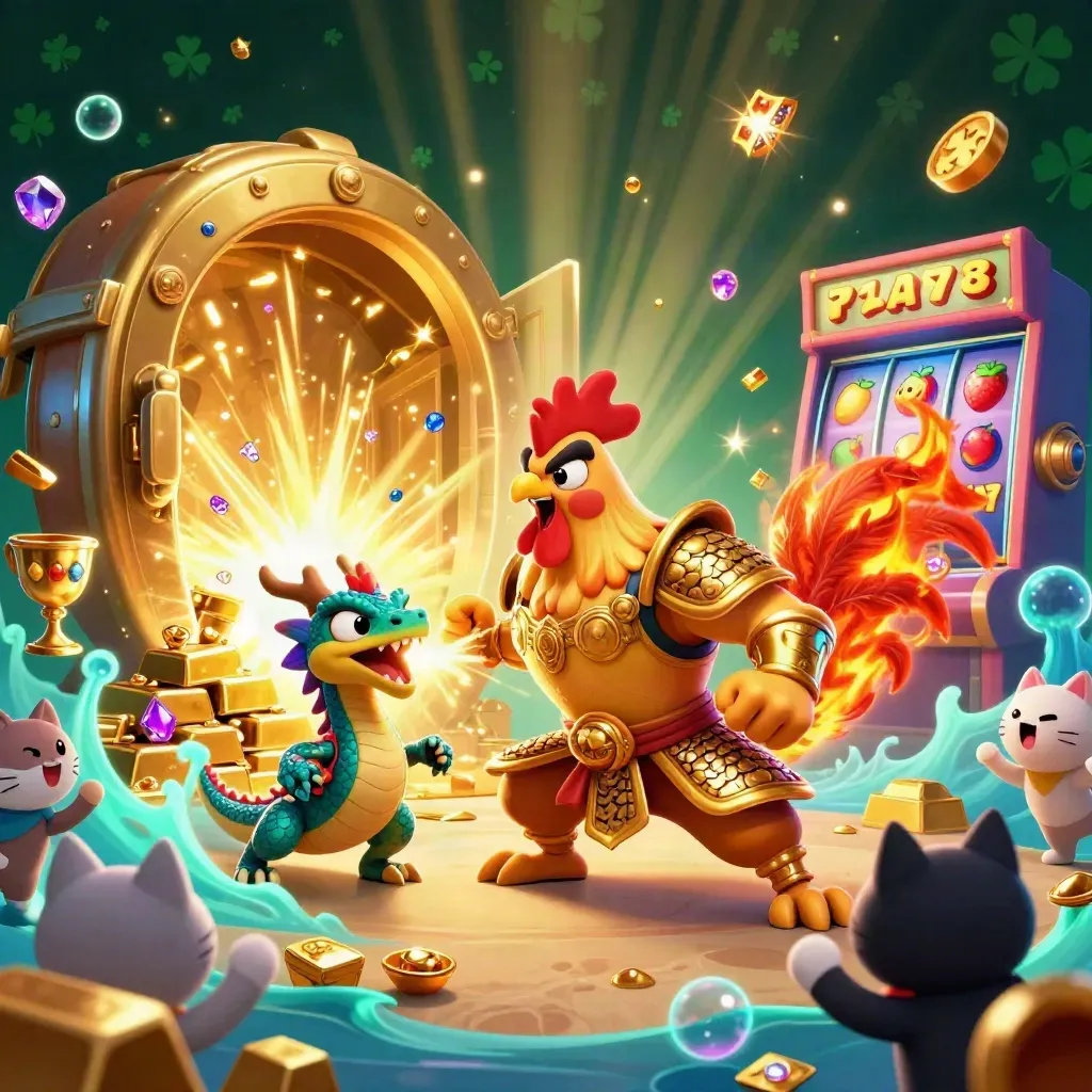 Gallo guerriero, drago e gatto fortunato davanti a un forziere d'oro in luce turchese.