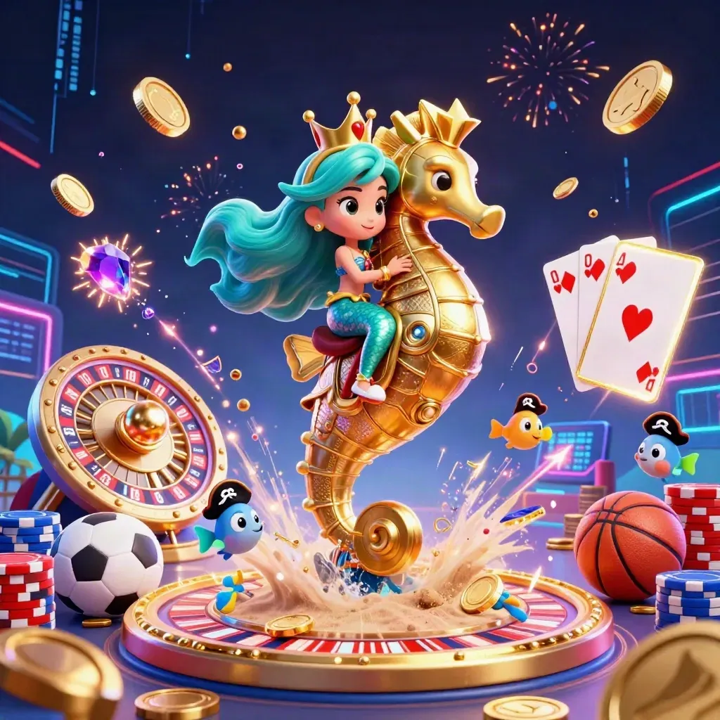 Sirena principessa su ippocampo dorato tra monete, roulette e luci neon in stile casino di lusso