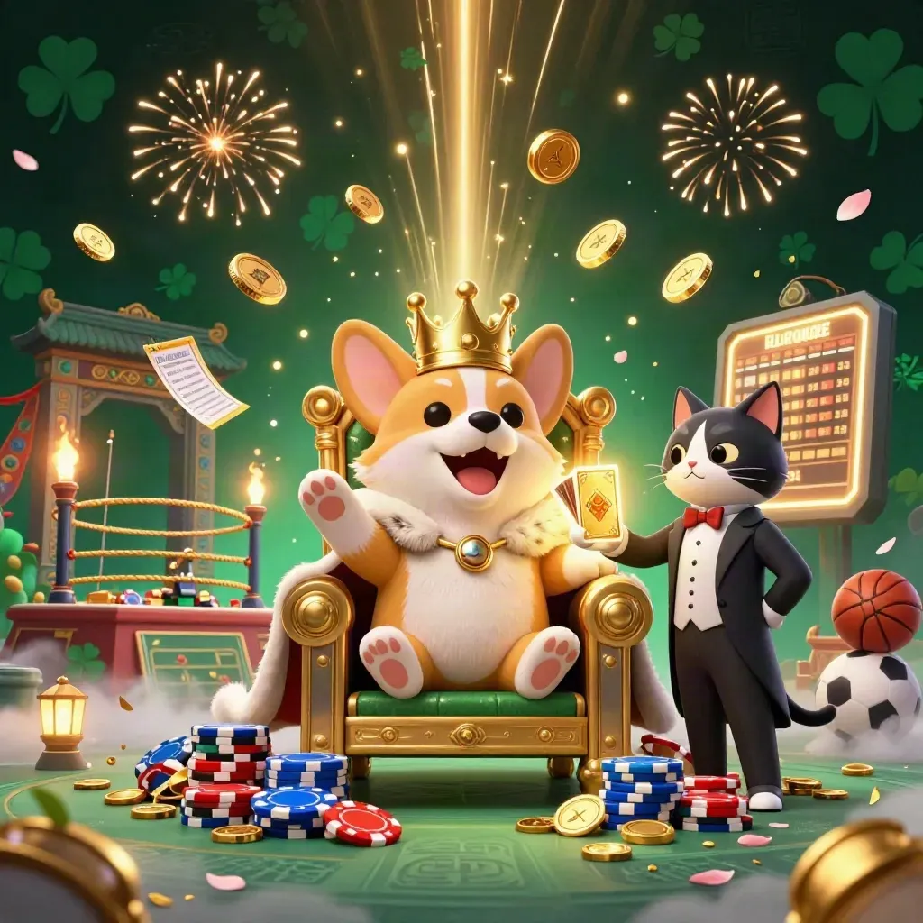 Corgi reale e maggiordomo gatto tra monete d’oro, tempio, anelli, fuochi e sport in scena lussuosa