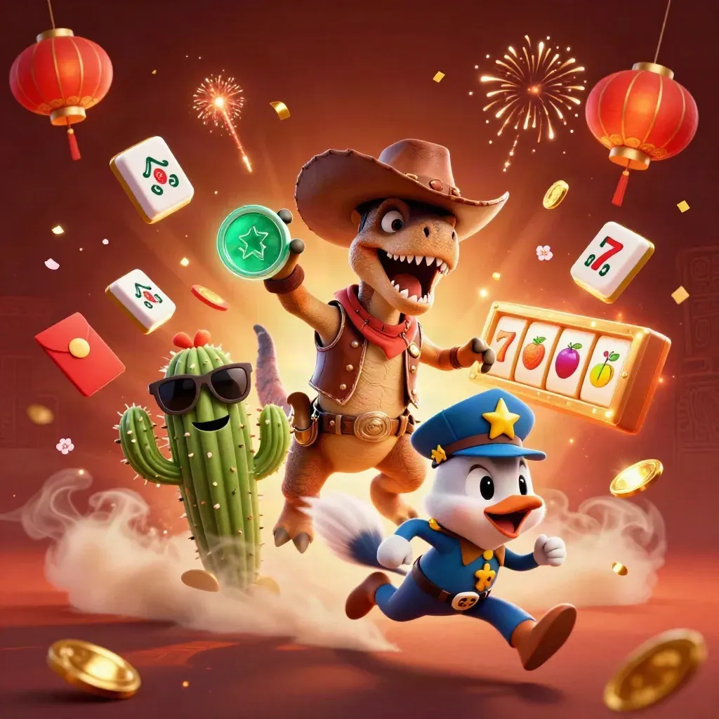 Dinosauro cowboy, cactus e uccello sherif tra simboli da casinò e luci tropicali.