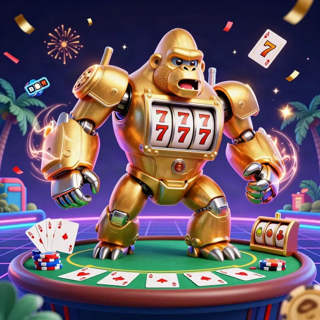 Gorilla mech dorato con mini scimmia pilota, fiches e carte sotto luci neon da casinò.