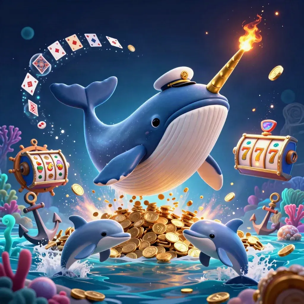 Balena capitano con narvalo e delfini tra monete, luci neon e tesori sommersi