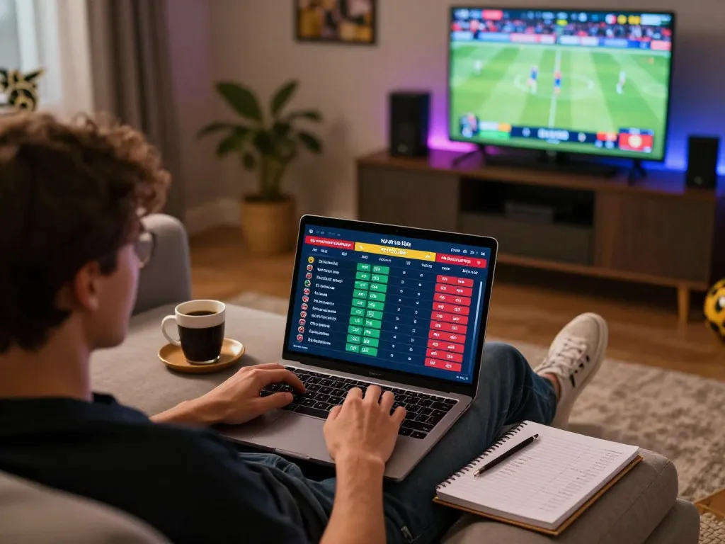 Engaging online sports betting scene featuring tỷ lệ kèo trực tuyến displayed on laptop, person excitedly placing bets.