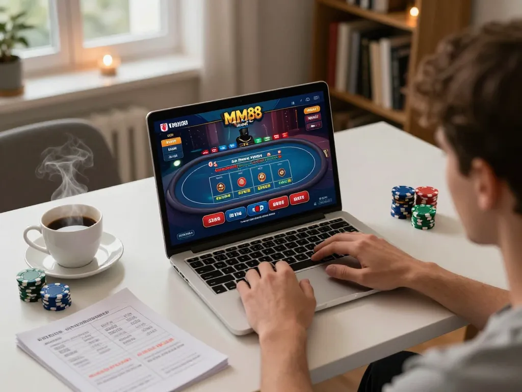 Engaging online casino gaming scene at https://mm88.vin/ with poker tables on laptop, showing strategic bets.