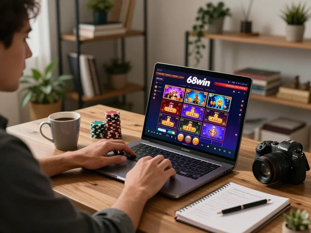 Engaged player using 68win for online gaming in a cozy home setup